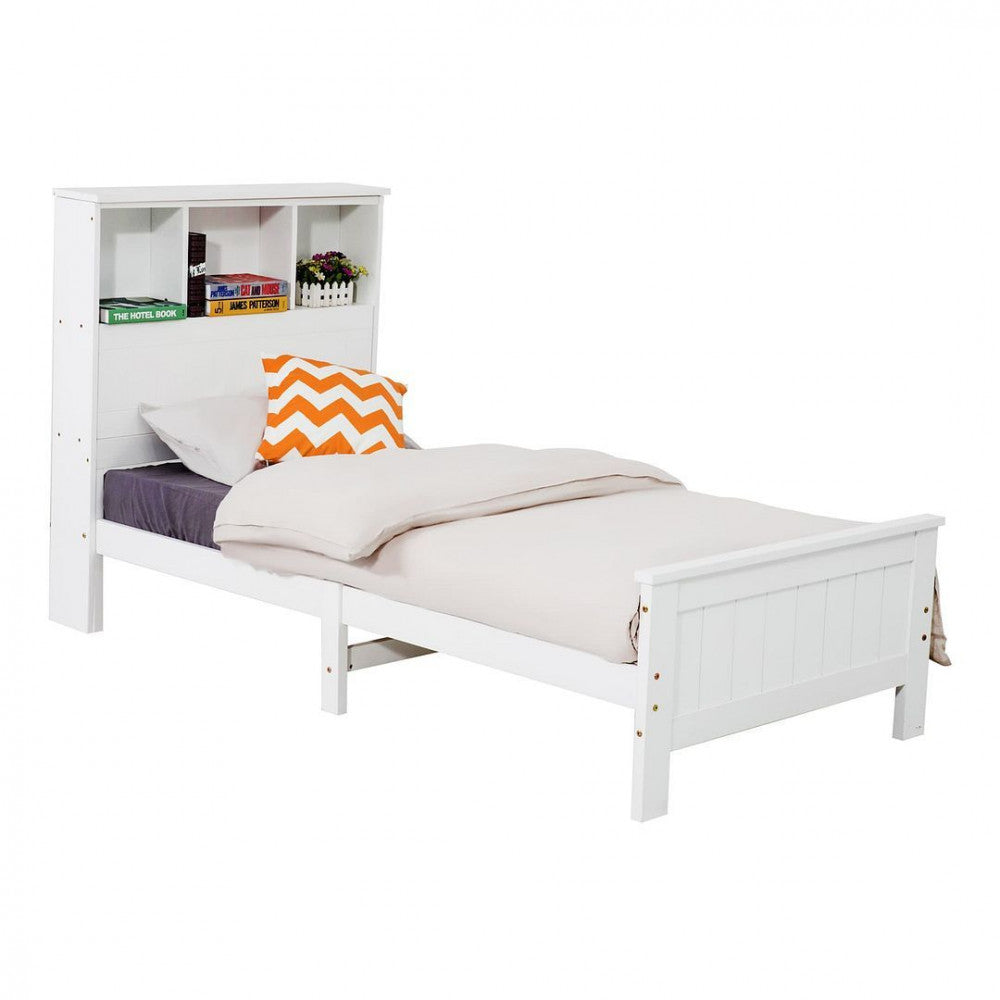 Macey Solid Pine Timber Bed Frame With Bookshelf Headboard no Drawers - White Single