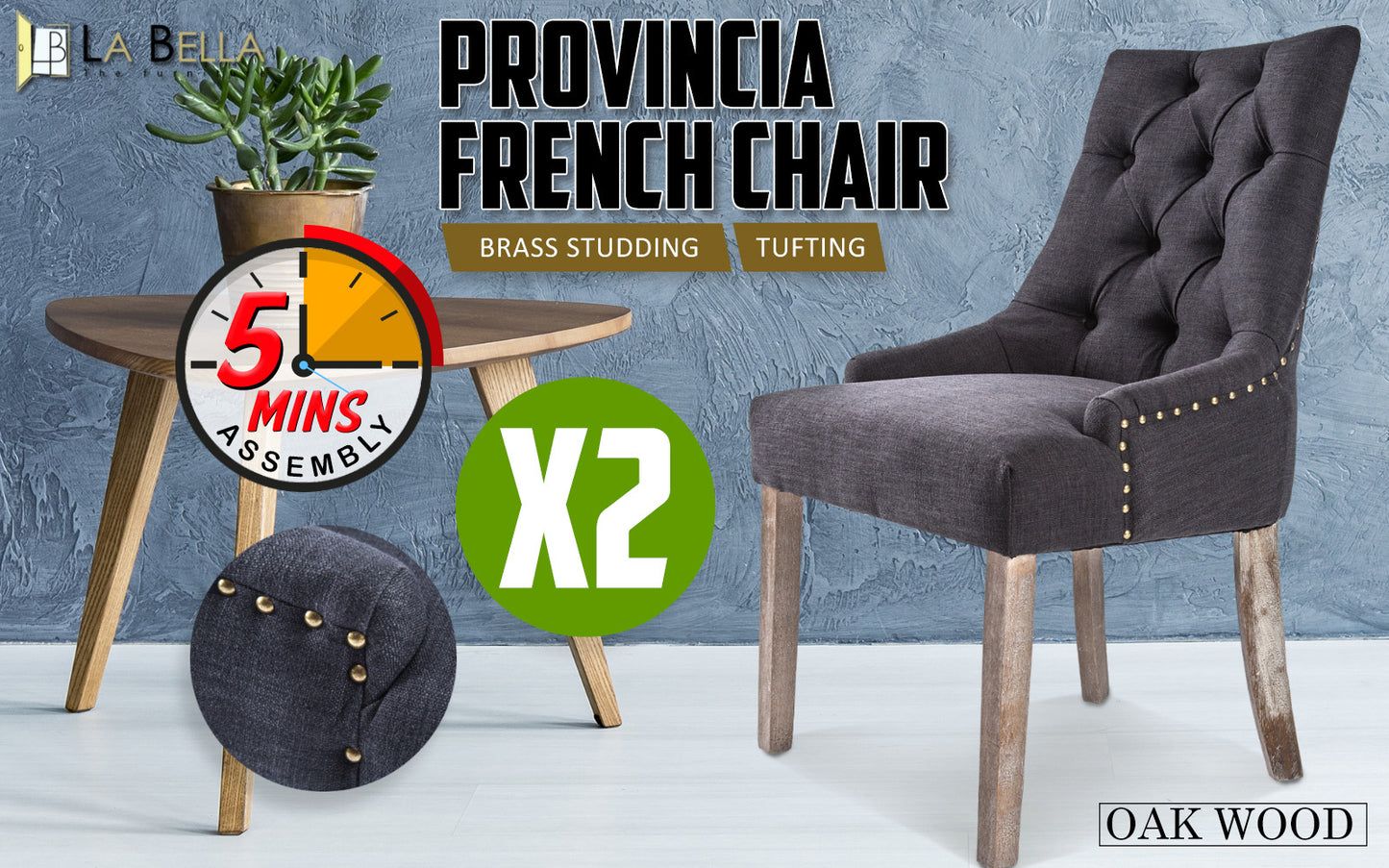Sybil Set of 2 French Provincial Dining Chair Oak Leg - Black