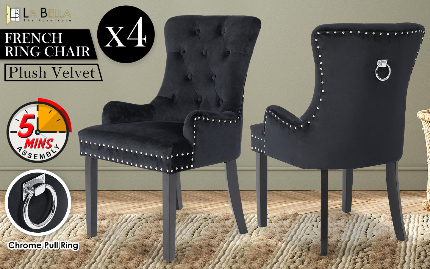 Arabella Set of 4 French Provincial Dining Chair Ring Studded Velvet Rubberwood Leg - Black
