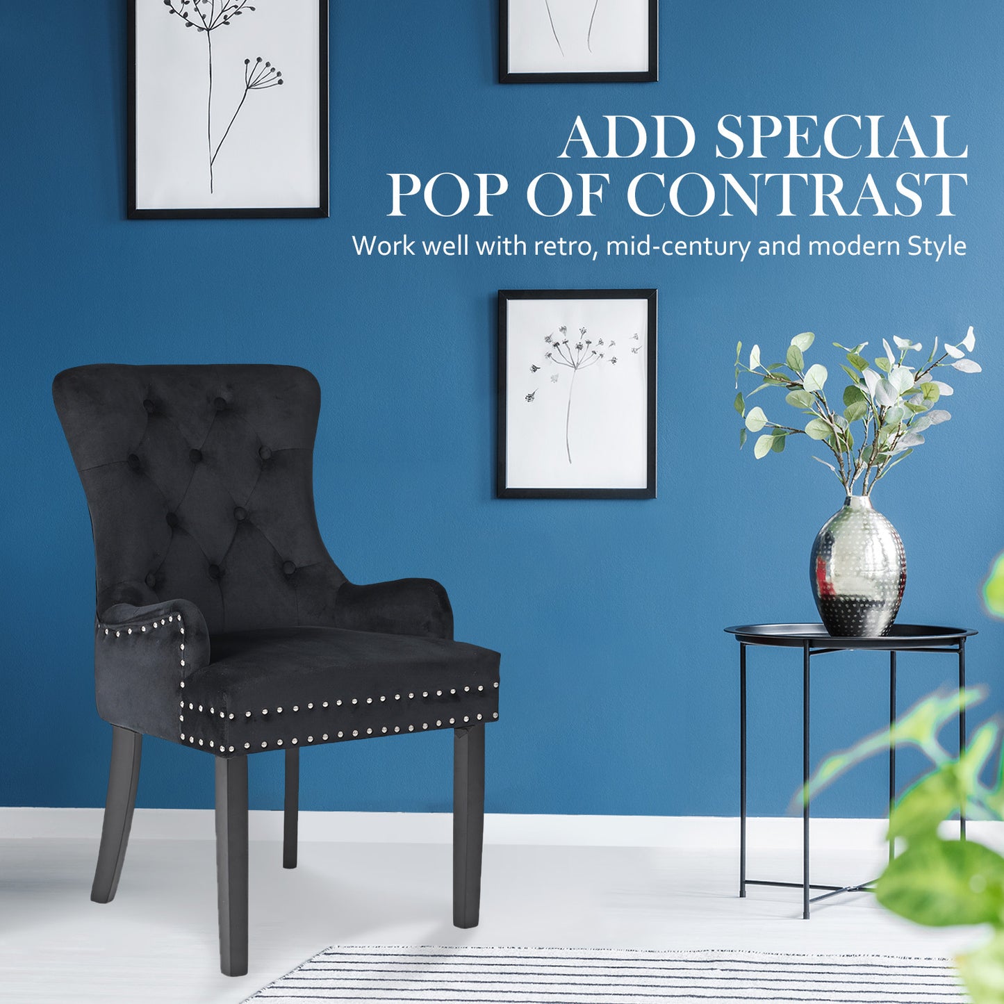 Arabella Set of 4 French Provincial Dining Chair Ring Studded Velvet Rubberwood Leg - Black