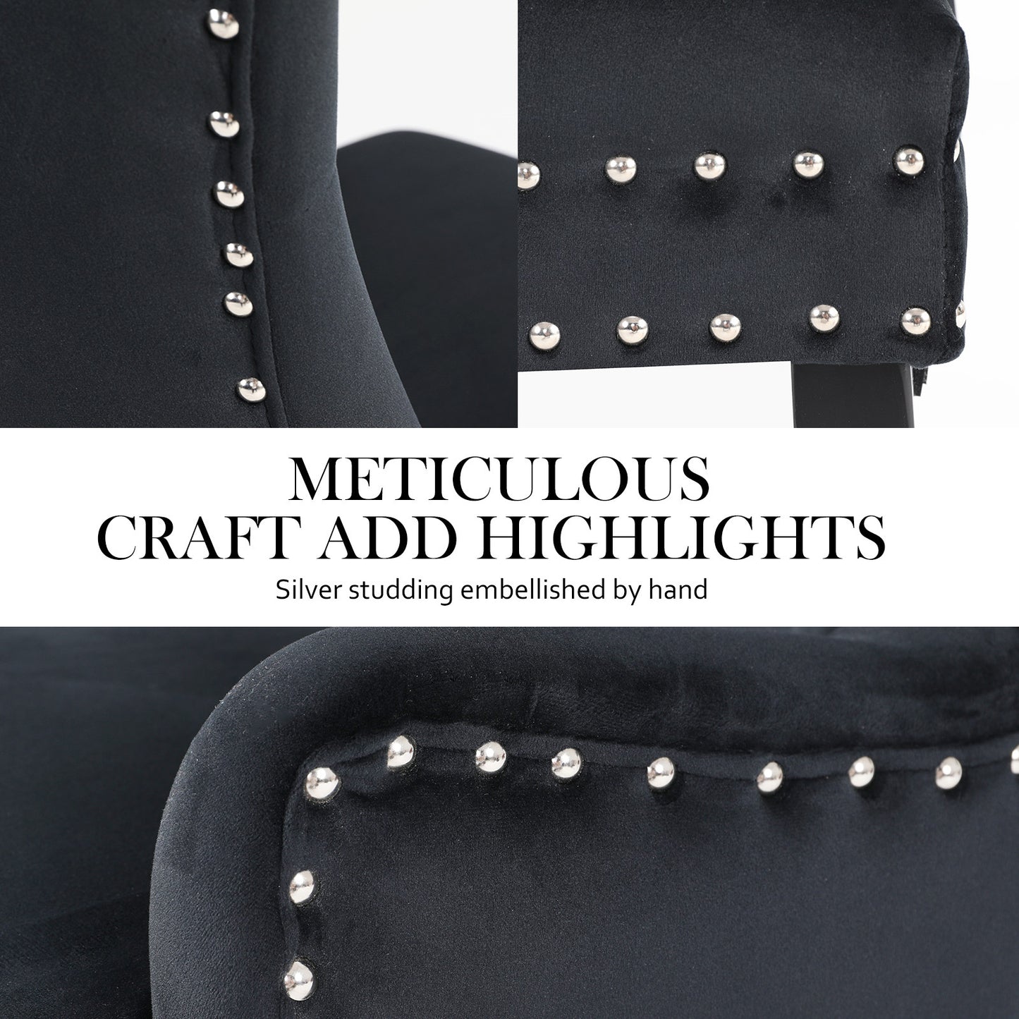 Arabella Set of 4 French Provincial Dining Chair Ring Studded Velvet Rubberwood Leg - Black