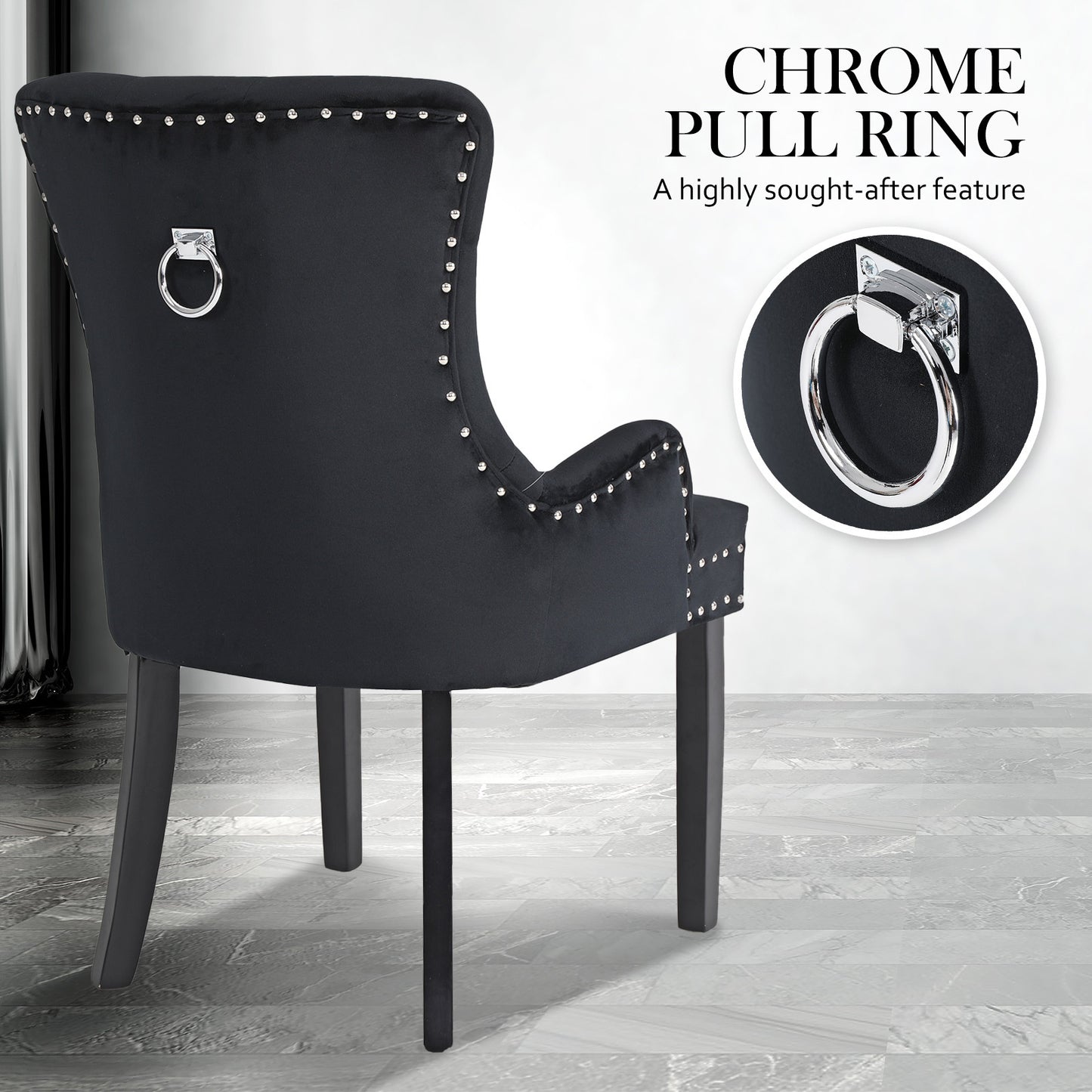 Arabella Set of 4 French Provincial Dining Chair Ring Studded Velvet Rubberwood Leg - Black