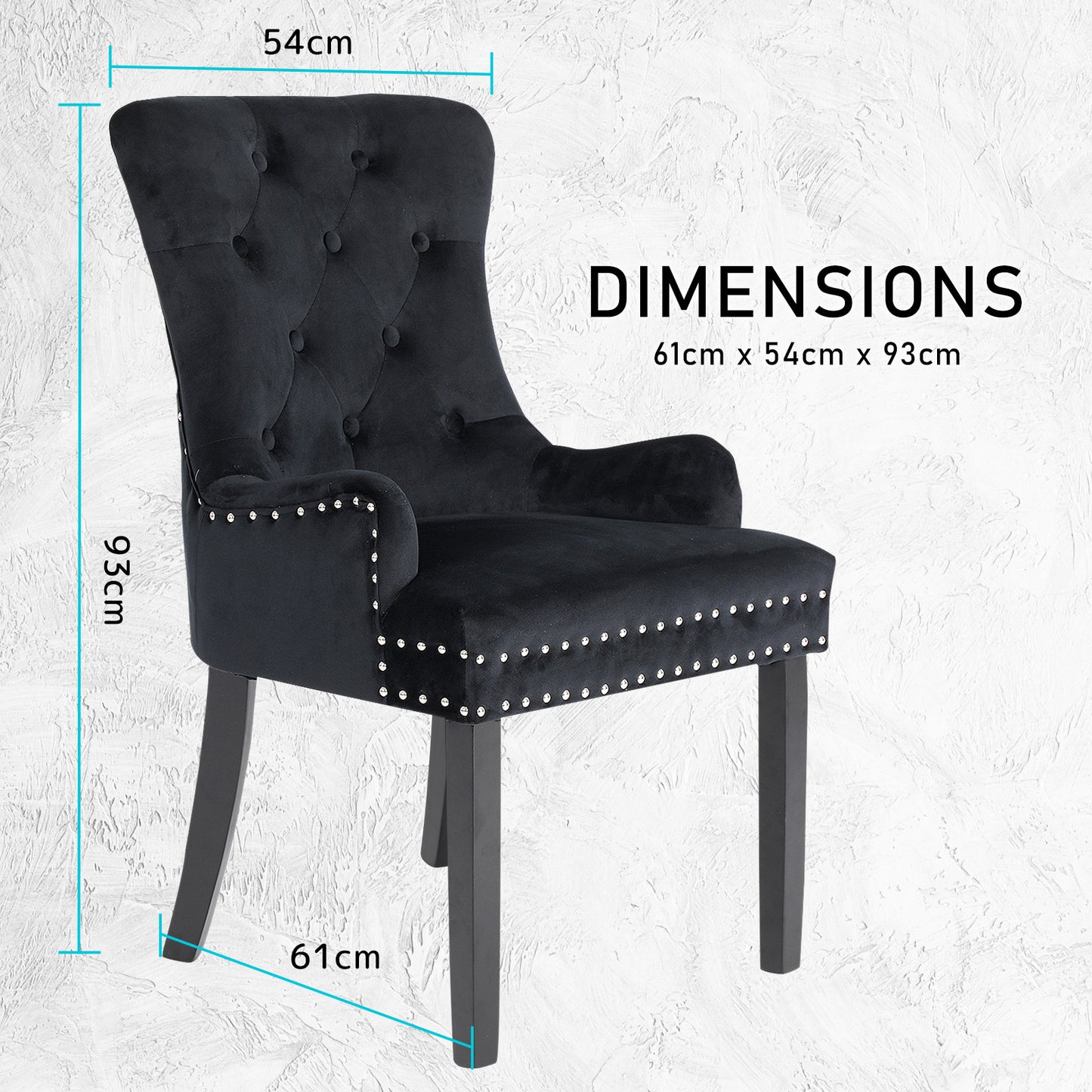 Arabella Set of 4 French Provincial Dining Chair Ring Studded Velvet Rubberwood Leg - Black
