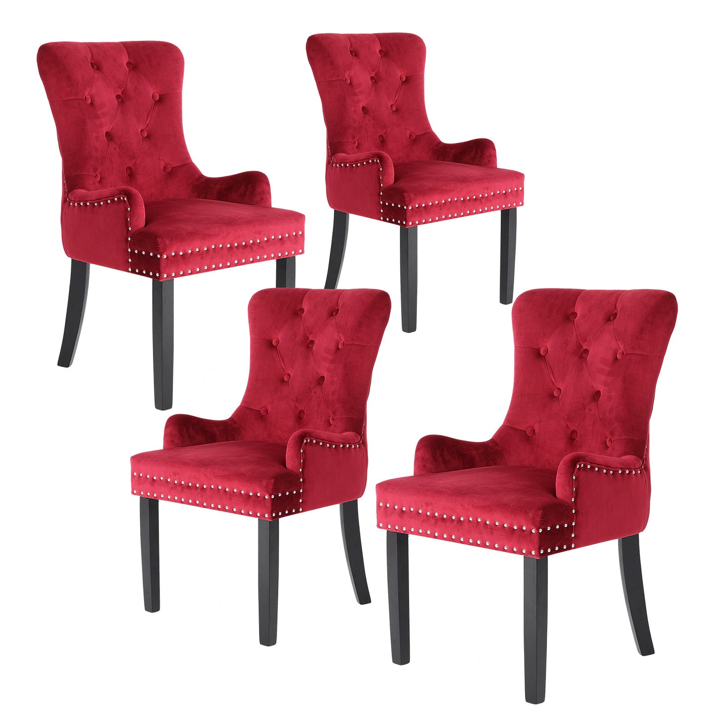 Arabella Set of 4 French Provincial Dining Chair Ring Studded Velvet Rubberwood Leg - Bordeaux Red