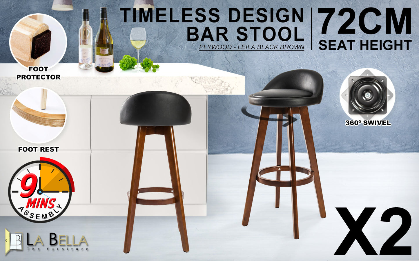 Set of 2 Coventry Wooden Bar Stool Dining Chair Leather - Black