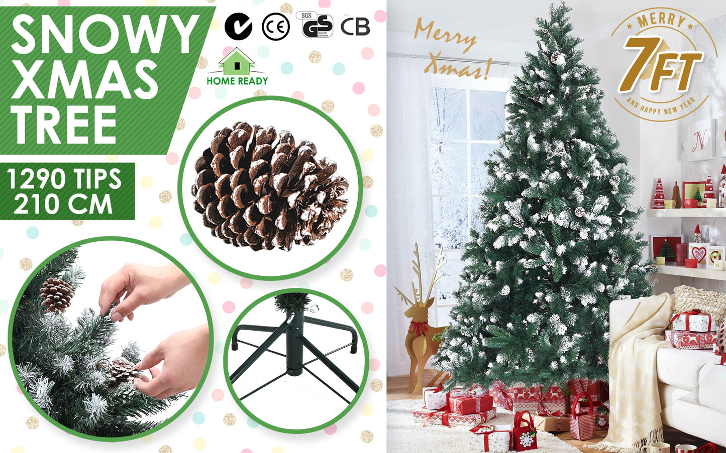 7ft 2.1m 1290 Tips Snowy Christmas Tree Xmas Pine Cones Green