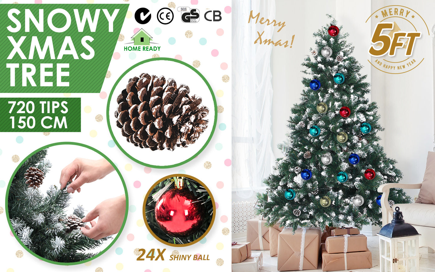 5ft 1.5m 720 Tips Snowy Christmas Tree Xmas Pine Cones + Bauble Balls Green