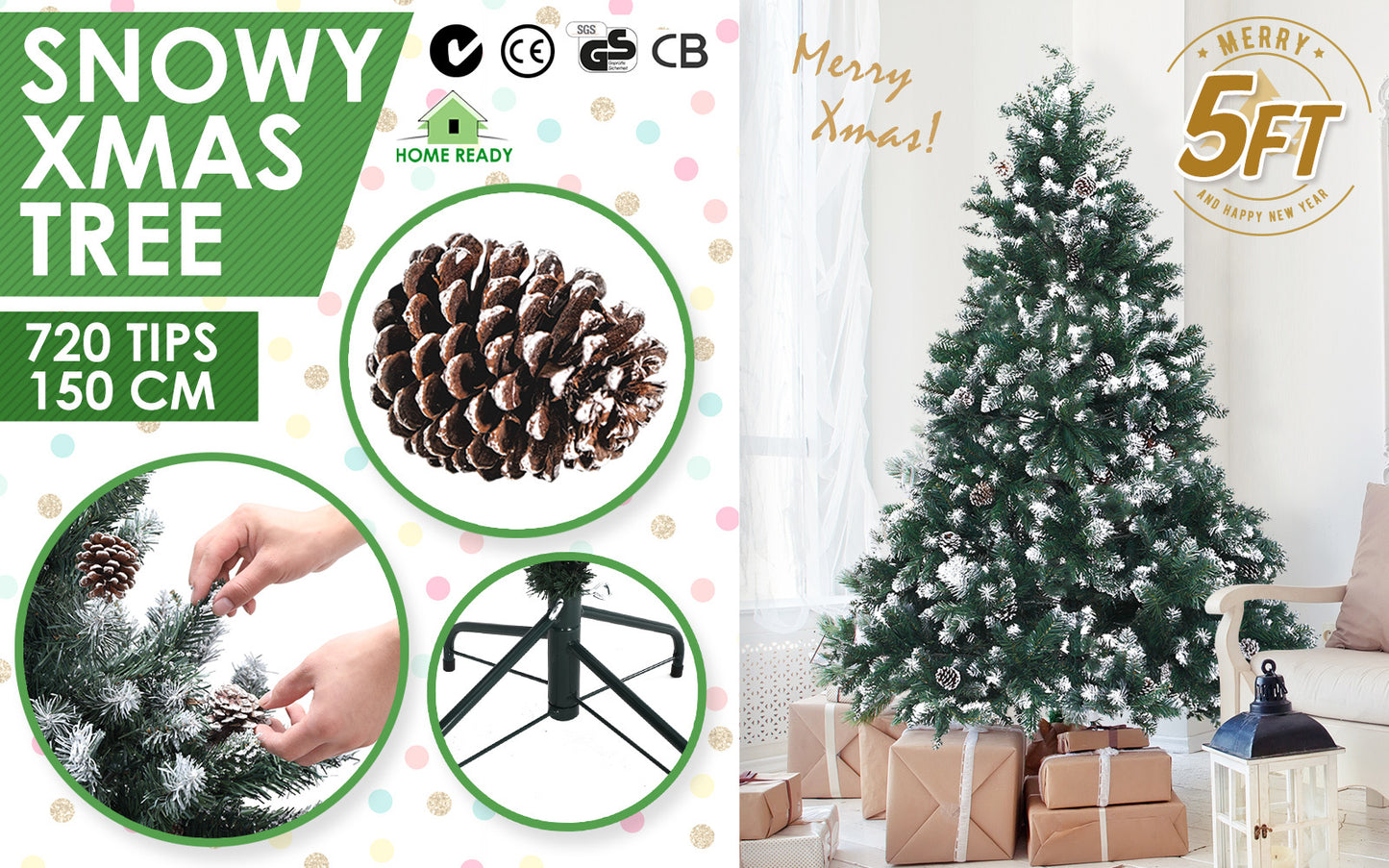 5ft 1.5m 720 Tips Snowy Christmas Tree Xmas Pine Cones Green