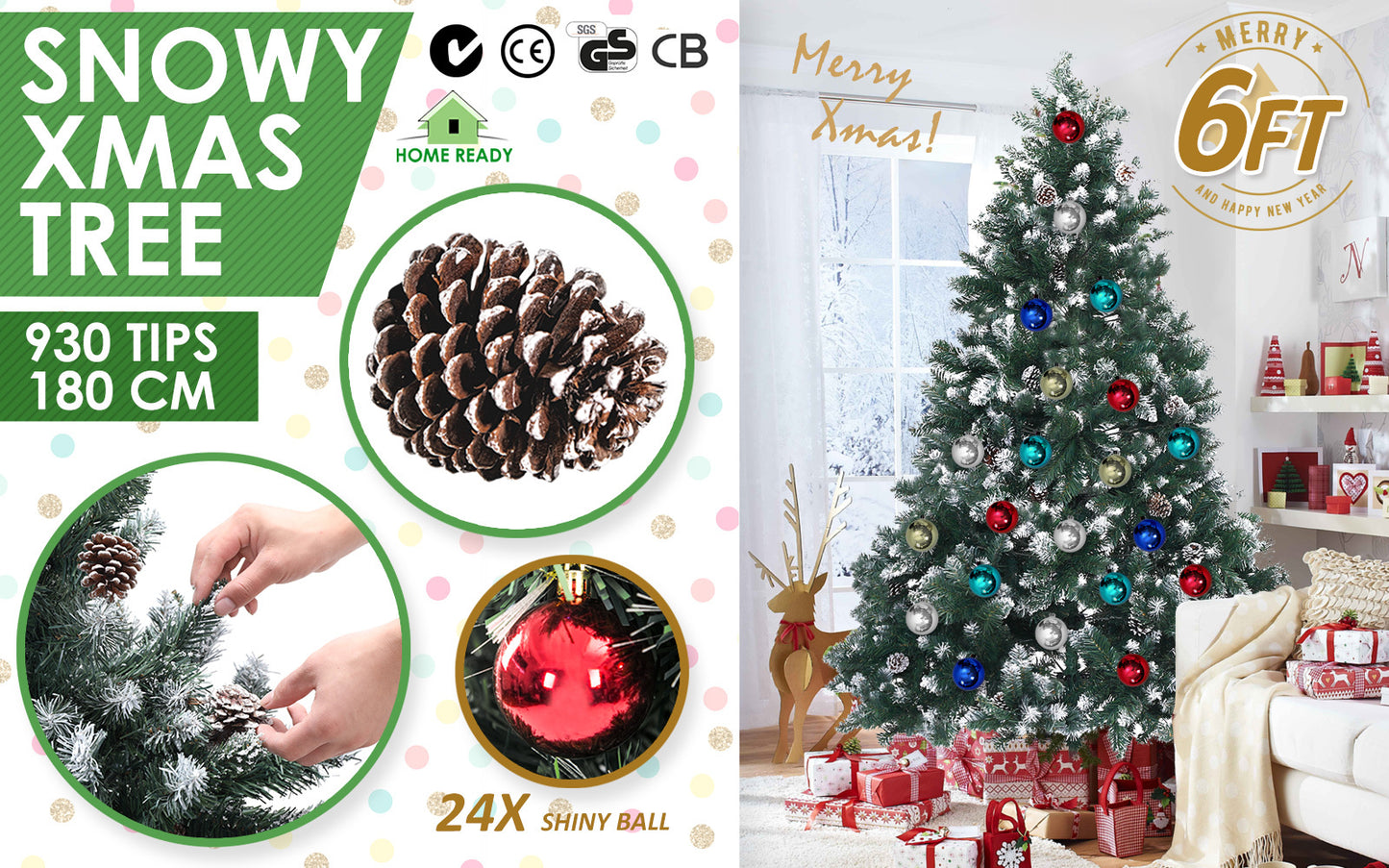 6ft 1.8m 930 Tips Snowy Christmas Tree Xmas Pine Cones + Bauble Balls Green