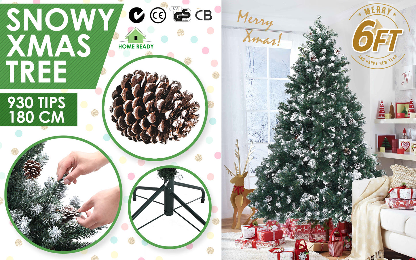 5ft 1.5m 930 Tips Snowy Christmas Tree Xmas Pine Cones + Bauble Balls Green