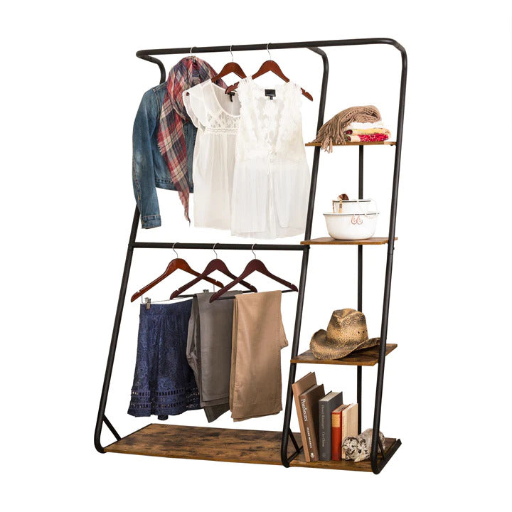 Freestanding 2-Rod Open Closet with 3 Shelves Organizer Storage Clothes Hanger Rail Garment Shelf Rack - Black