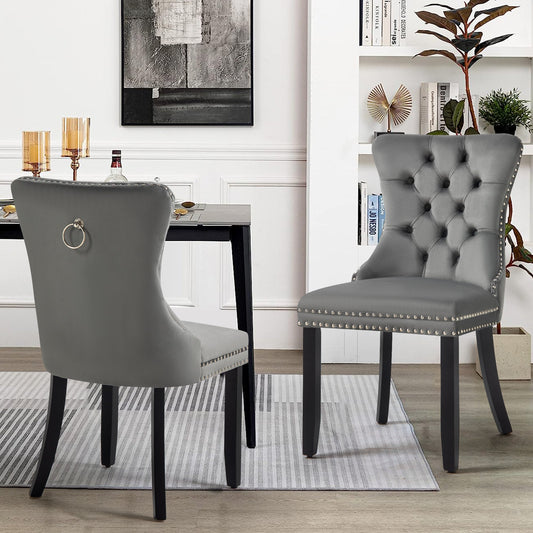 Gracey Set of 2 Velvet & Black Rubberwood Dining Chairs Upholstered Tufted Stud Trim and Ring - Dark Grey