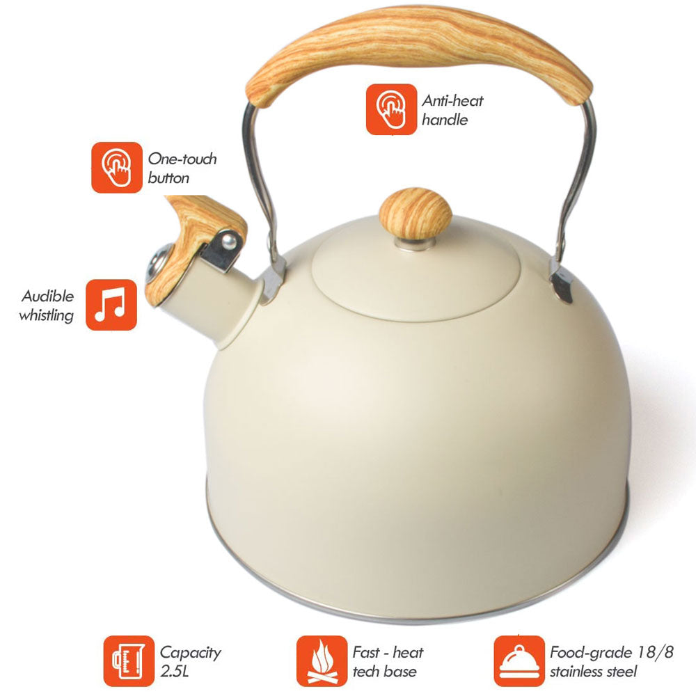 2.5 Liter Tea Whistling Kettle Stainless Steel Modern Whistling Tea Pot for Stovetop Cream