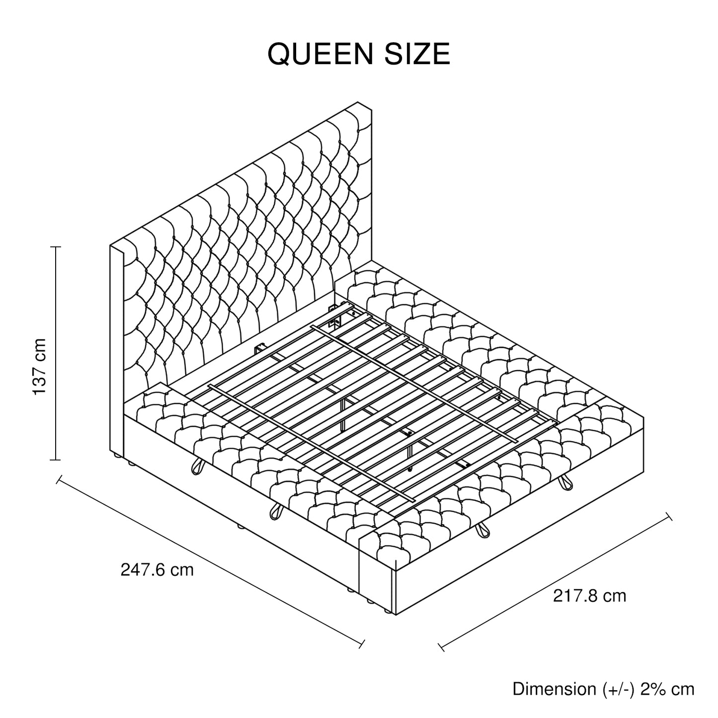 Leida Bedframe Velvet Upholstery Deep Tufted Headboard Deep Quilting - Blue Queen