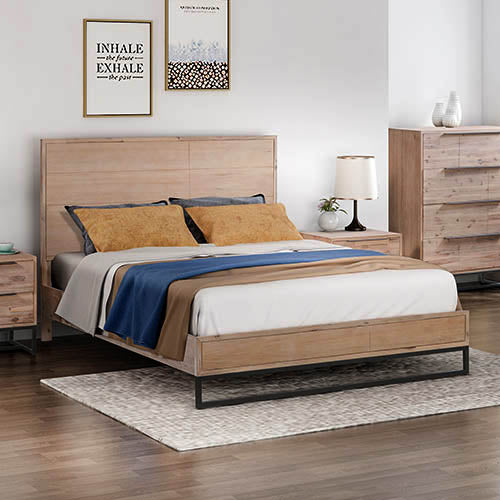 Elliana Solid Wood Acacia Veneered Steel Legs Bed Frame - Wood King