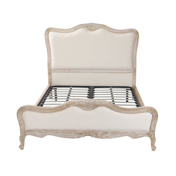 Vinka Bed Frame Fabric Linen Oak Wood Washed Finish Mattress Support - White Queen
