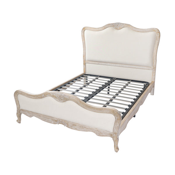 Vinka Bed Frame Fabric Linen Oak Wood Washed Finish Mattress Support - White Queen