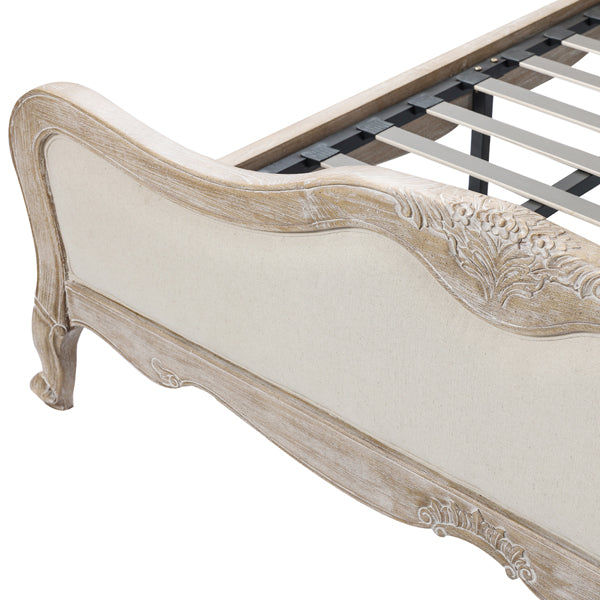 Vinka Bed Frame Fabric Linen Oak Wood Washed Finish Mattress Support - White Queen