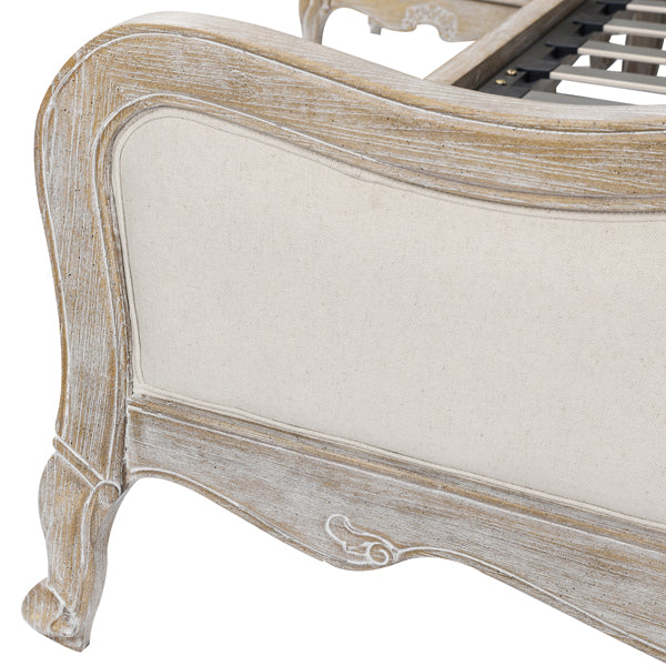 Vinka Bed Frame Fabric Linen Oak Wood Washed Finish Mattress Support - White Queen