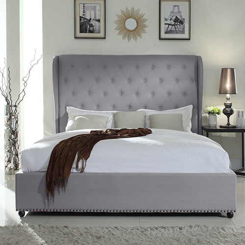 Luna Upholstered French Provincial High Bedhead Bed Frame Fabric - Grey Queen