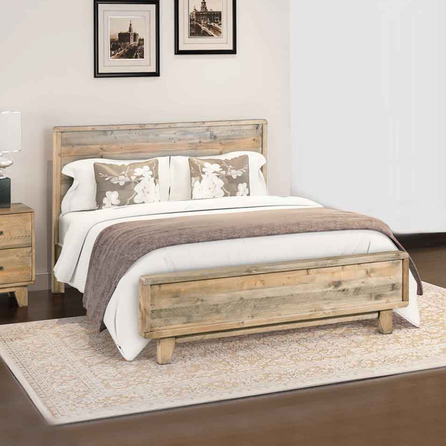 Nalini Wooden Bed Frame in Solid Wood Antique Design - Light Brown Queen