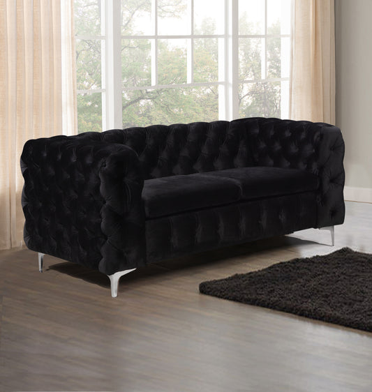 Mourd 2 Seater Sofa Classic Button Tufted Lounge Velvet Fabric with Metal Legs - Black