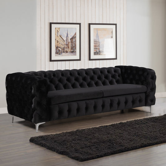 Mourd 3 Seater Sofa Classic Button Tufted Lounge Velvet Fabric with Metal Legs - Black