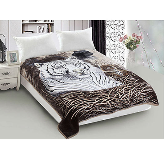 Whitney Throw Soft Blanket 800GSM Luxury Reversible Animal Mink Blanket Queen 200 x 240cm - White & Brown Tiger