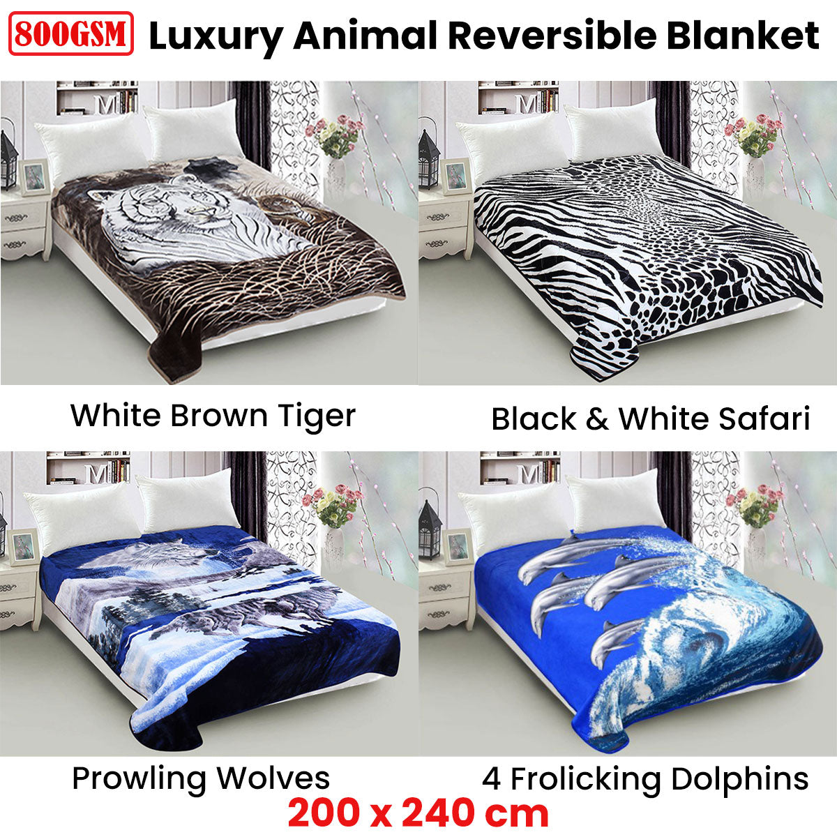 Whitney Throw Soft Blanket 800GSM Luxury Reversible Animal Mink Blanket Queen 200 x 240cm - White & Brown Tiger