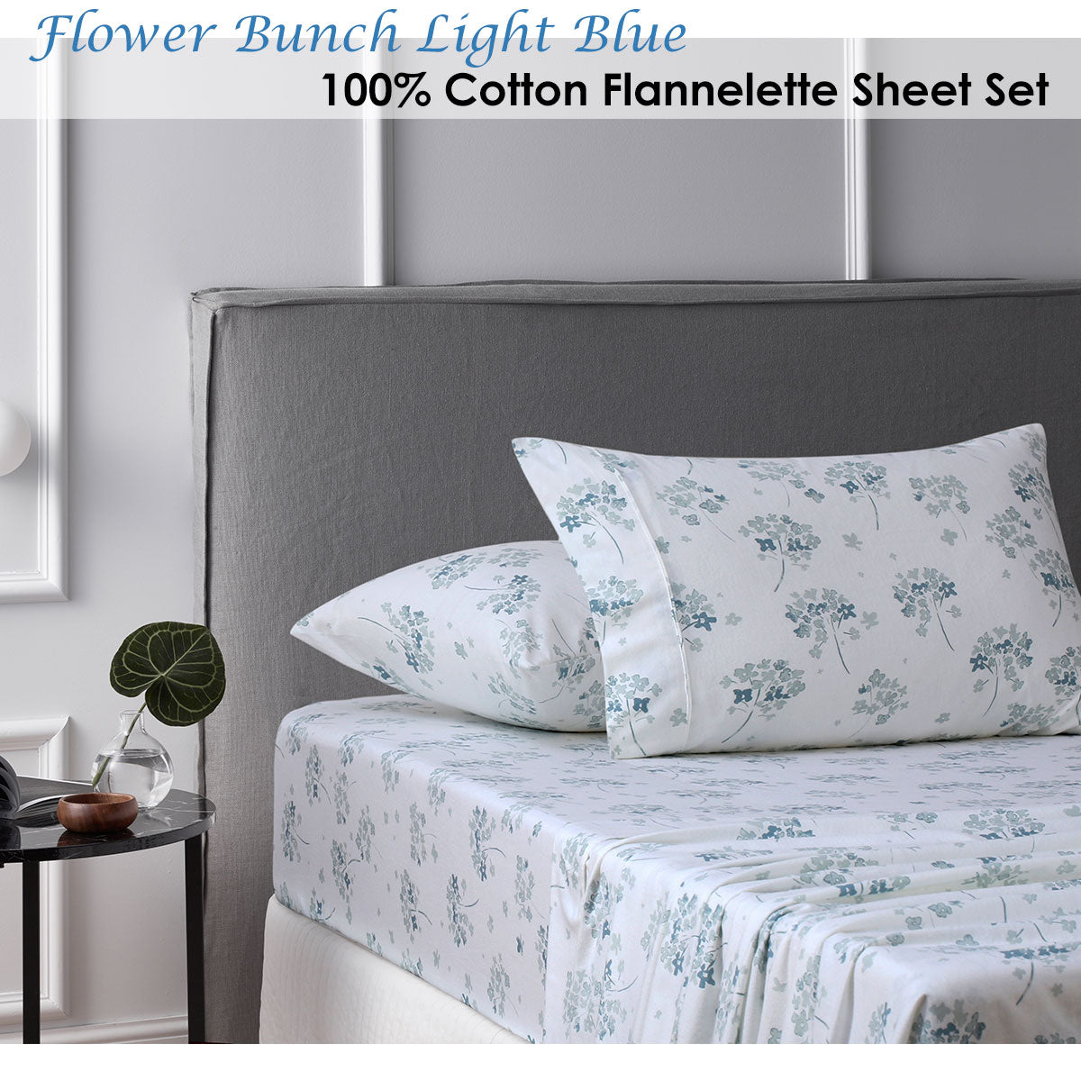KING Accessorize Cotton Flannelette Sheet Set Flower - Light Blue  King