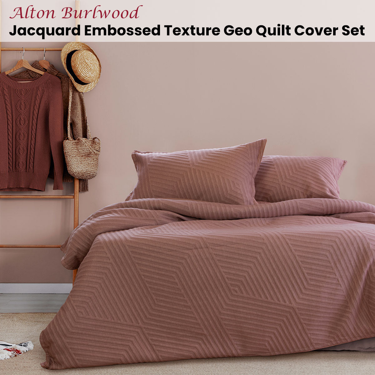 KING Jacquard Embossed Texture Geo Quilt Cover Set - Burlwood