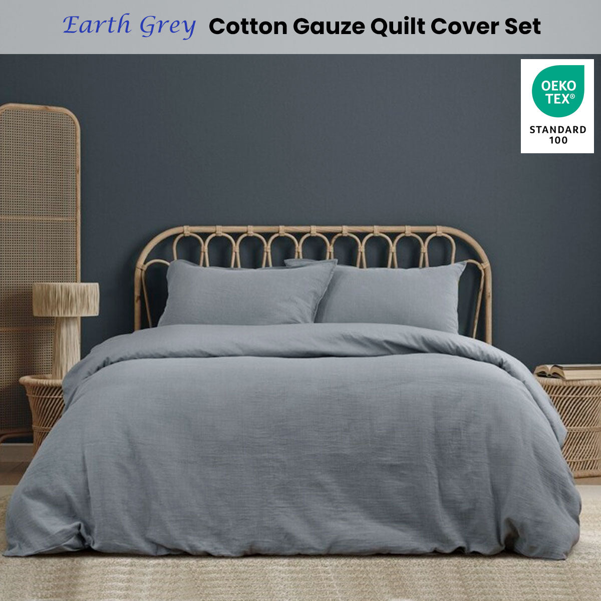 QUEEN Cotton Gauze Quilt Cover Set - Earth Grey