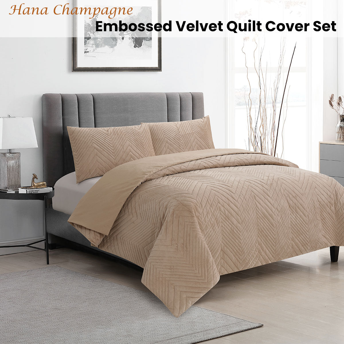 QUEEN Embossed Velvet Quilt Cover Set - Champagne