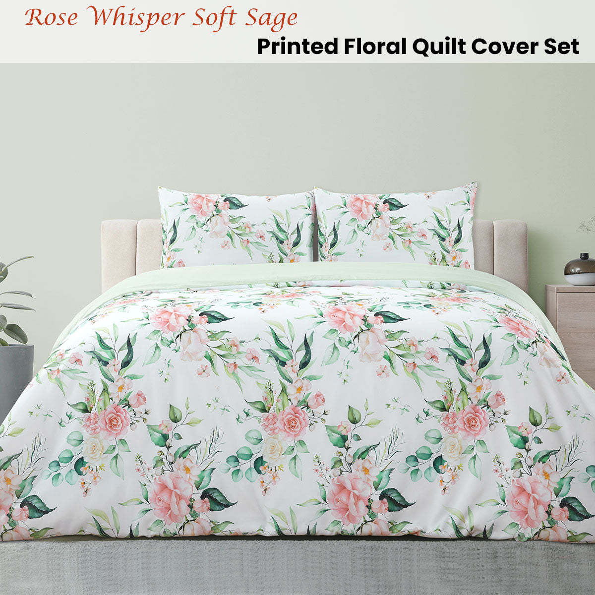QUEEN 3-Piece Soft Sage Printed Floral Quilt Cover Set - White