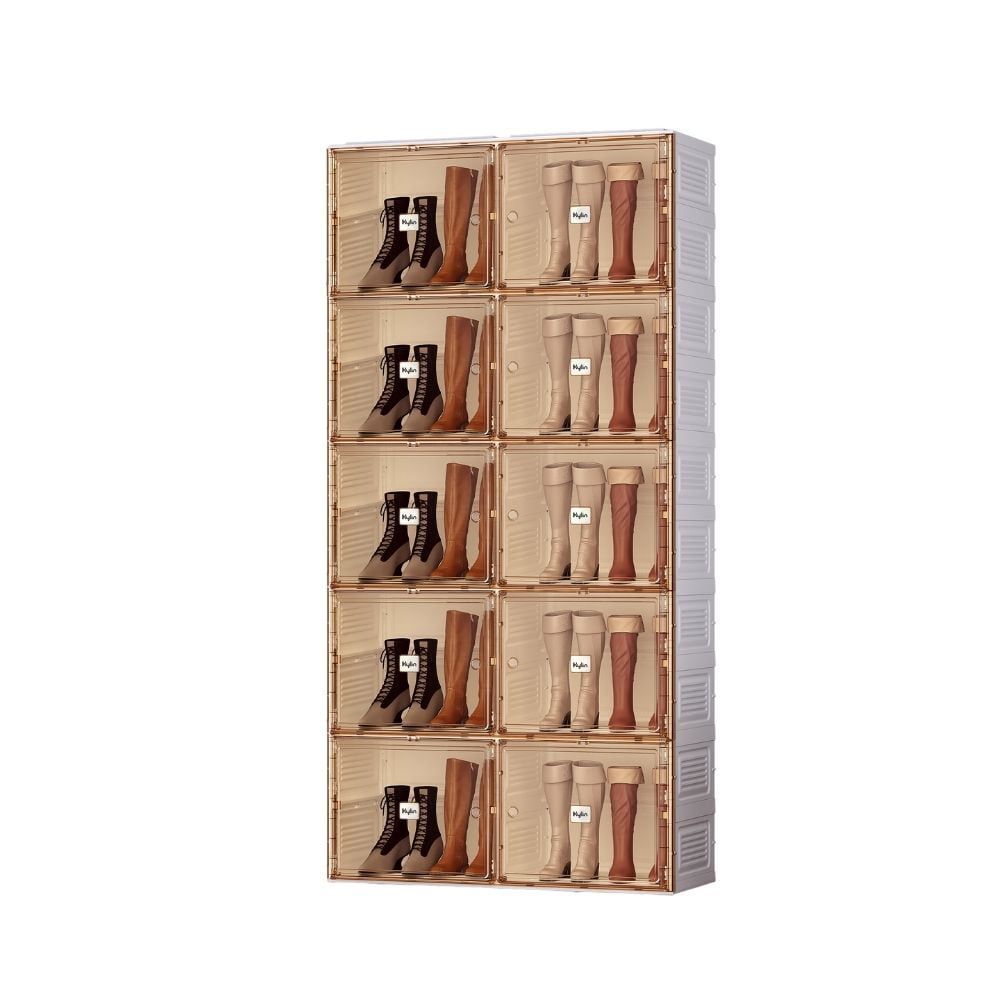 Cubes Storage Folding Shoe Cabinet With 2 Column & 10 Grids & 10 Brown Door