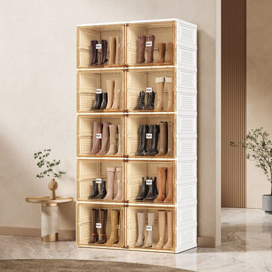 Cubes Storage Folding Shoe Cabinet With 2 Column & 10 Grids & 10 Brown Door