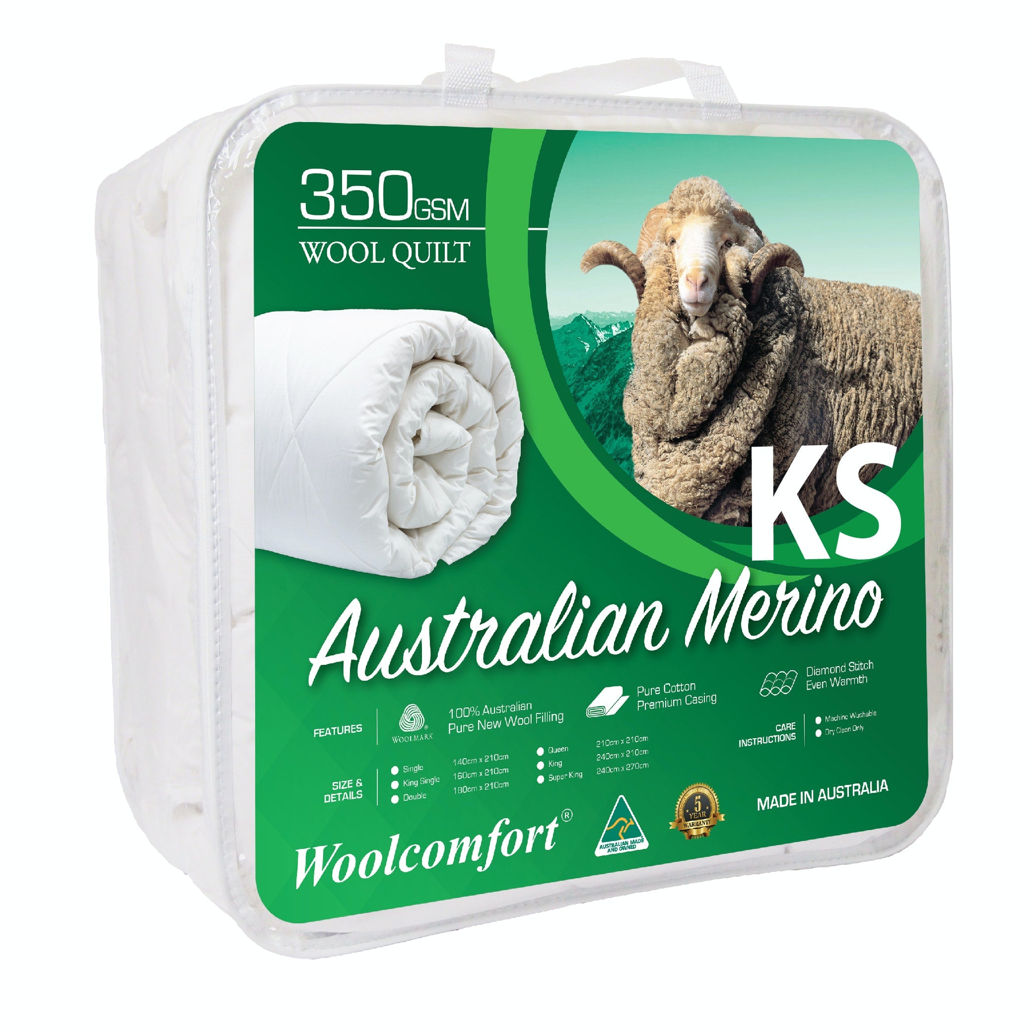 King Single Woolcomfort AUS Made Merino Wool Quilt 350GSM 160x210cm ...