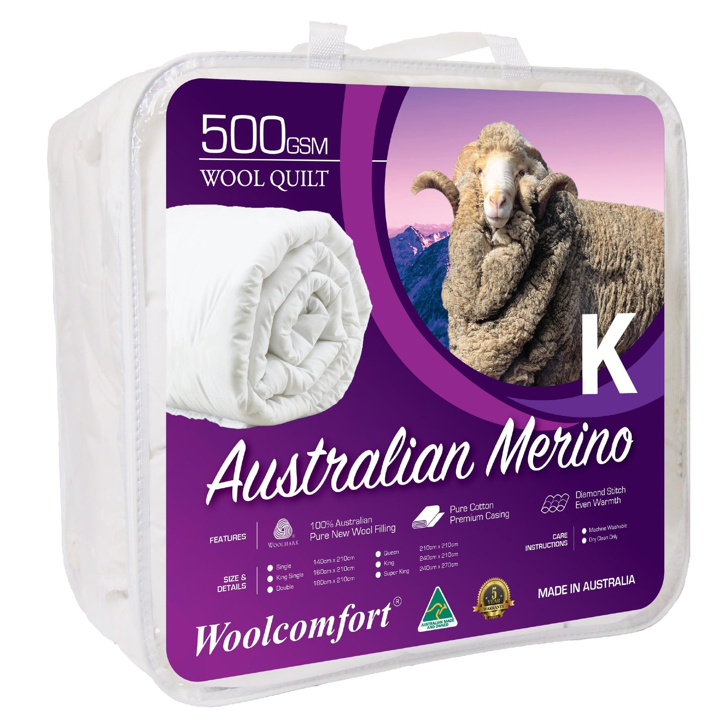 King Woolcomfort AUS Made Merino Wool Quilt 500GSM 240x210cm
