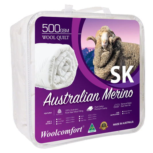 SUPER KING 500GSM Merino Wool Quilt 270x240cm - White