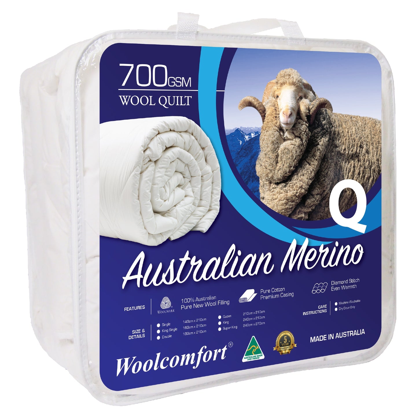Queen Woolcomfort AUS Made Merino Wool Quilt 700GSM 210x210cm