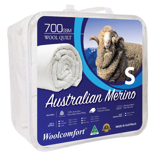 SINGLE 700GSM Merino Wool Quilt 140x210cm - White