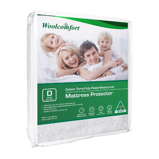 DOUBLE Terry Cotton Fully Fitted Waterproof Mattress Protector - White