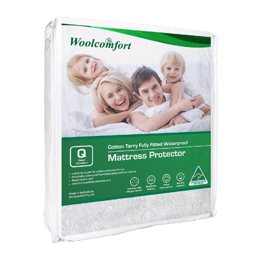 QUEEN Terry Cotton Fully Fitted Waterproof Mattress Protector - White