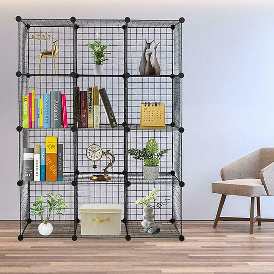 12 Cube Wire Grid Organiser Bookcase Storage Cabinet Wardrobe Closet - Black