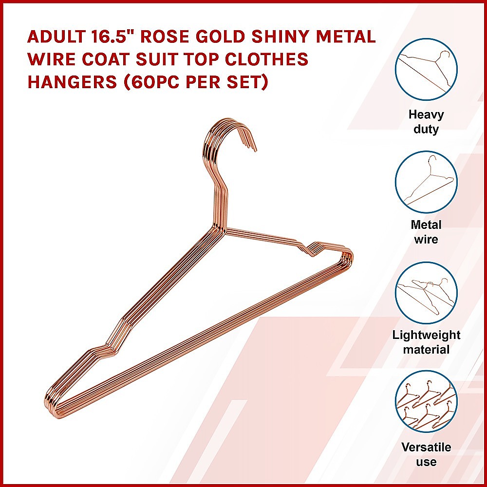 16.5" Rose Gold Shiny Metal Wire Coat Suit Top Clothes Hangers 60pcs