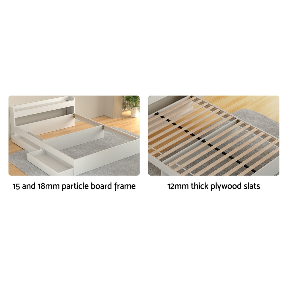 Rosemary Bed Frame Mattress Base wtih Charging Ports 2 Storage Drawers - White Queen
