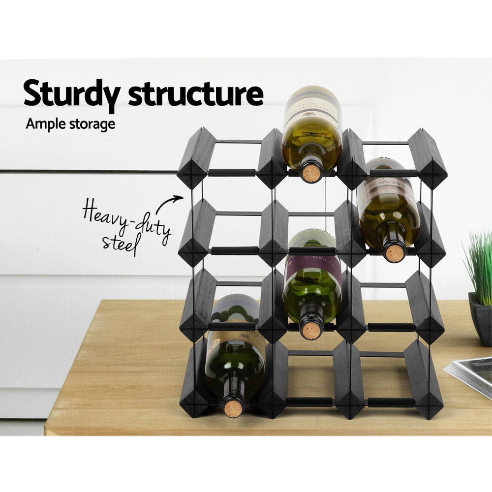 12 Bottle Timber Wine Rack Wooden Storage Wall Racks Holders Cellar - Black