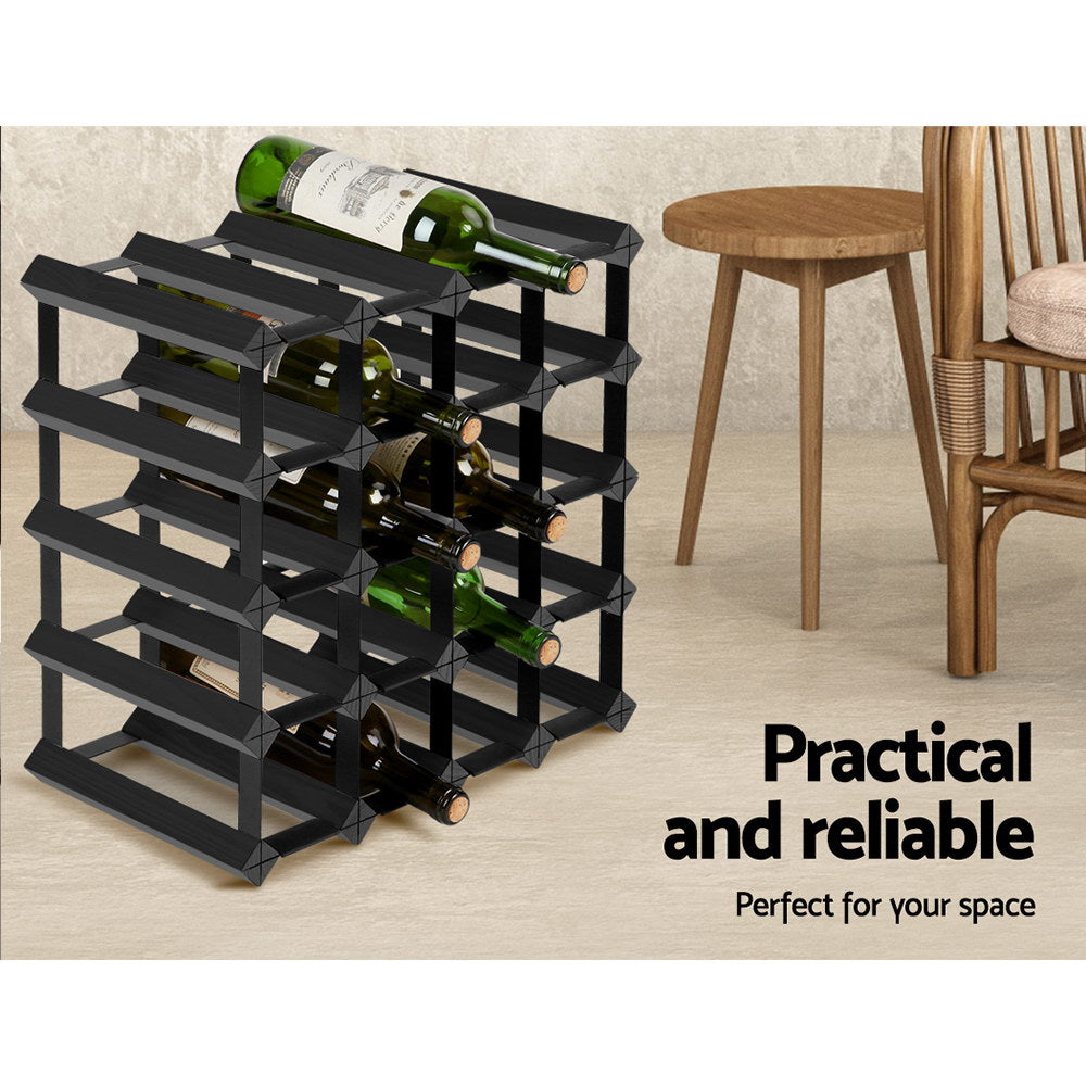 20 Bottle Timber Wine Rack Wooden Storage Wall Racks Holders Cellar - Black