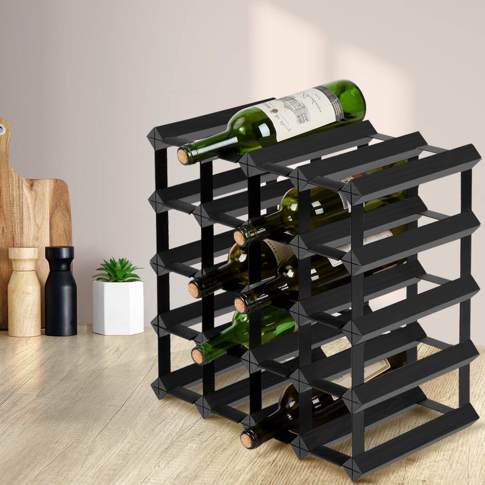 20 Bottle Timber Wine Rack Wooden Storage Wall Racks Holders Cellar - Black