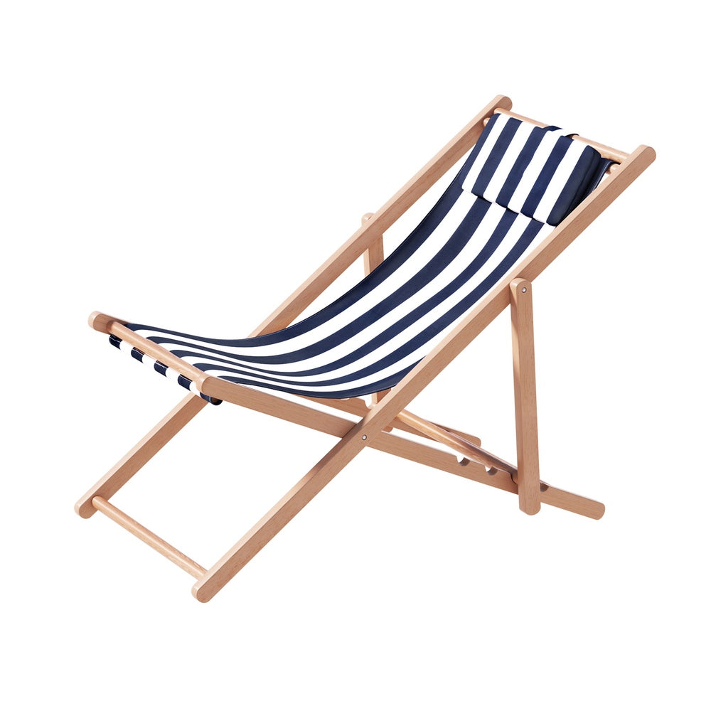 Damien Outdoor Chairs Sun Lounge Deck Beach Chair Folding Wooden Patio Furniture - Blue and White